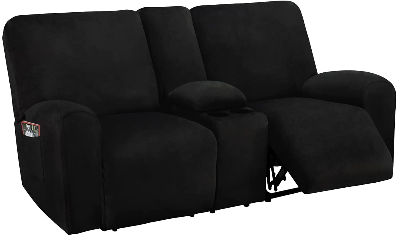 2 Seater with Middle Console Slipcover, Velvet Stretch Loveseat Reclining Sofa Covers, Thick, Soft, Washable, Black