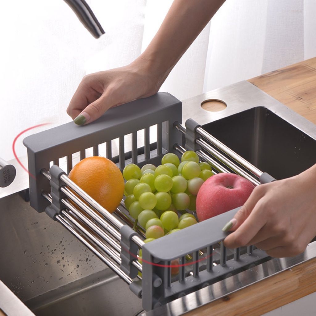 Stainless Steel Telescopic Dish Drying Rack, Telescopic Drain Basket with Adjustable Armrest for Fruits Vegetables Storage, Used for Kitchen Sink Items Storage and Drying