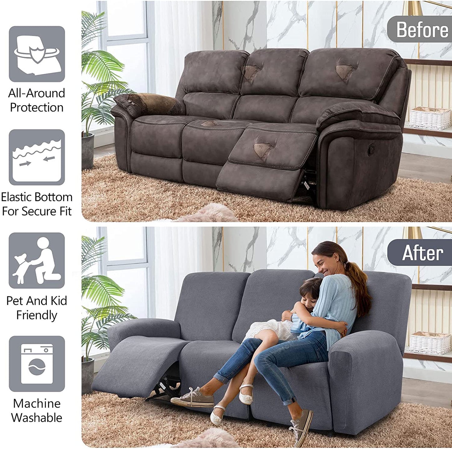 Recliner Sofa Covers Stretch for 1/2/3 Seats Jacquard Pattern Furniture Protector, Grey