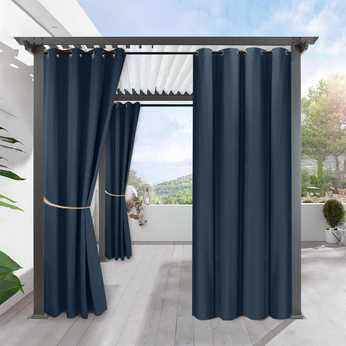 Blackout Indoor/Outdoor Curtains Linen Woven Grommet Curtain Panels, Navy