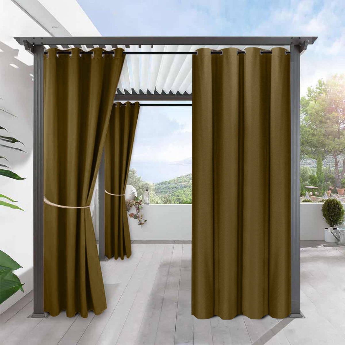 Blackout Indoor/Outdoor Curtains Linen Woven Grommet Curtain Panels, Brown