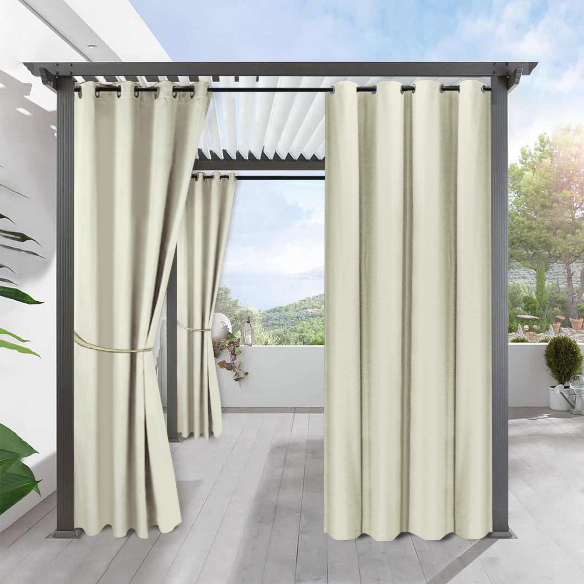 Blackout Indoor/Outdoor Curtains Linen Woven Grommet Curtain Panels, Beige