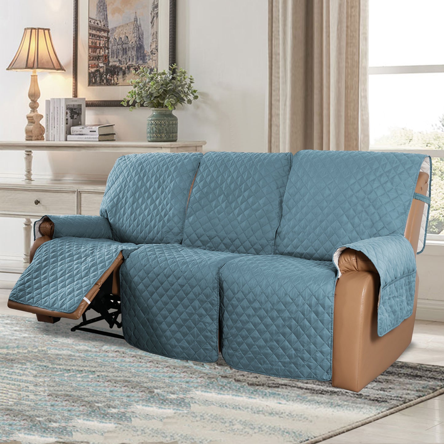 Recliner Sofa Cover with Pocket, Slipcovers Reversible Washable Elastic Adjustable Strap for home(3 Seater, Stone Blue）