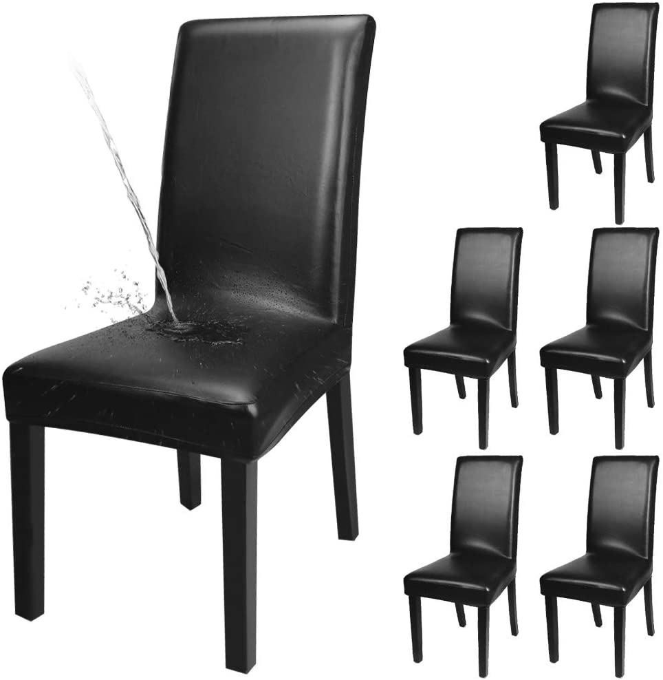 Dining Chair Covers, Solid Pu Leather Waterproof and Oilproof Stretch Slipcover, 2/4/6/8, Black