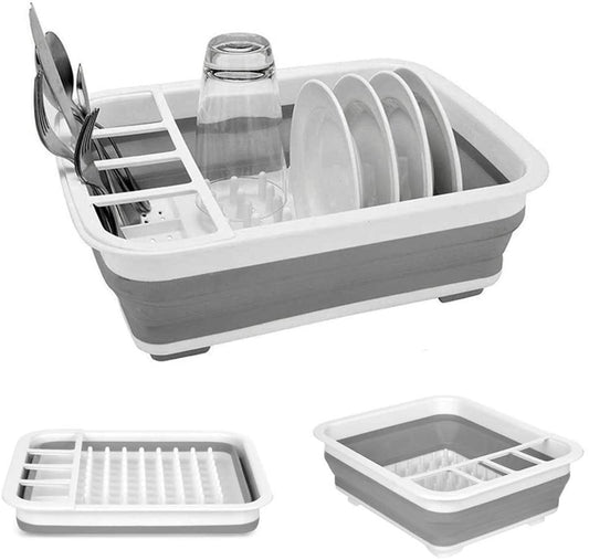 Collapsible Dish Drying Rack Portable Dish Drainer Dinnerware Organizer Kitchen RV Campers Storage, Grey