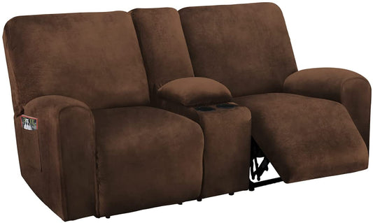 2 Seater with Middle Console Slipcover, Velvet Stretch Loveseat Reclining Sofa Covers, Thick, Soft, Washable, Brown