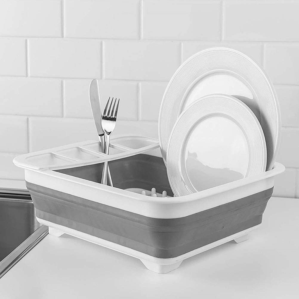 Collapsible Dish Drying Rack Portable Dish Drainer Dinnerware Organizer Kitchen RV Campers Storage, Grey