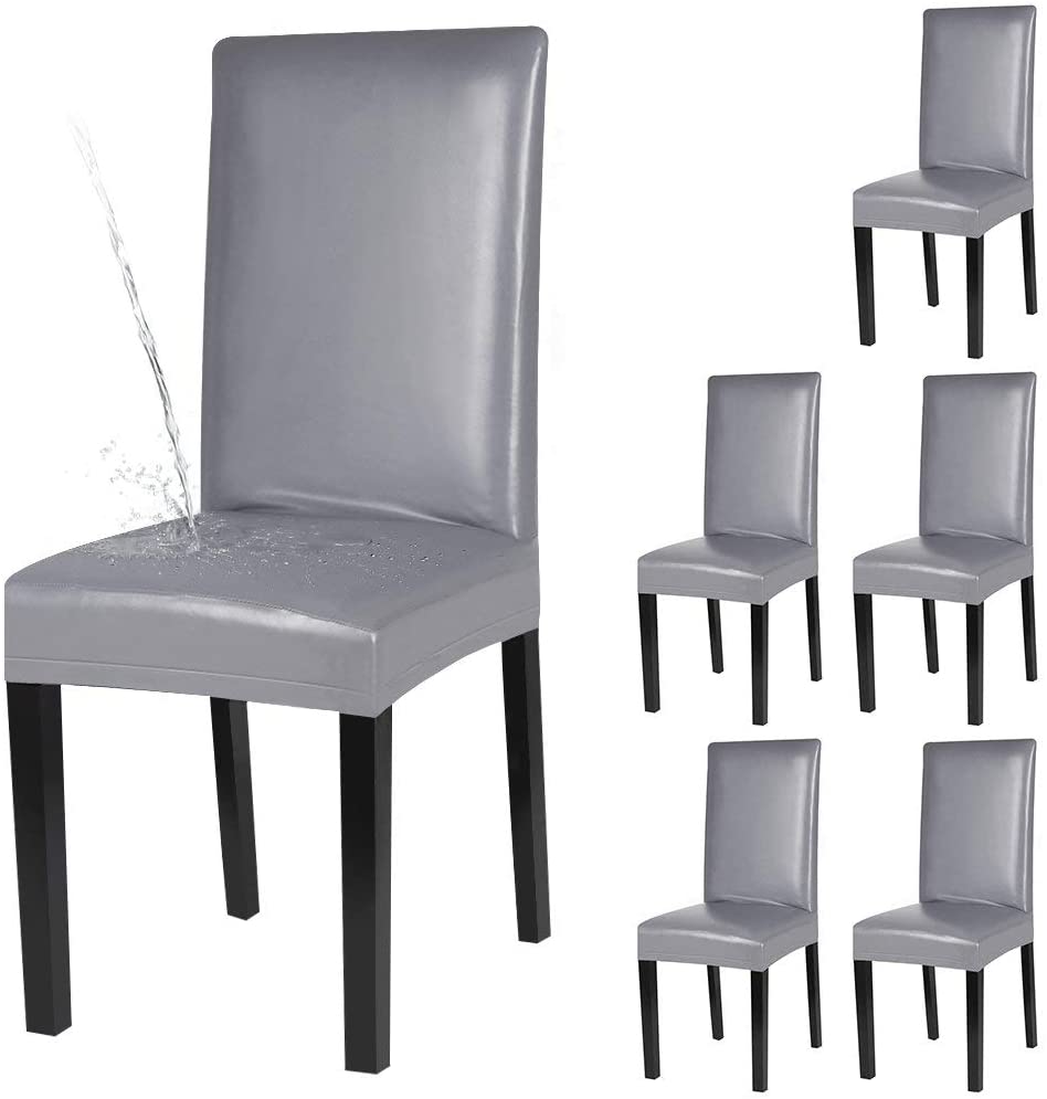 Dining Chair Covers, Solid Pu Leather Waterproof and Oilproof Stretch Slipcover, 2/4/6/8, Grey