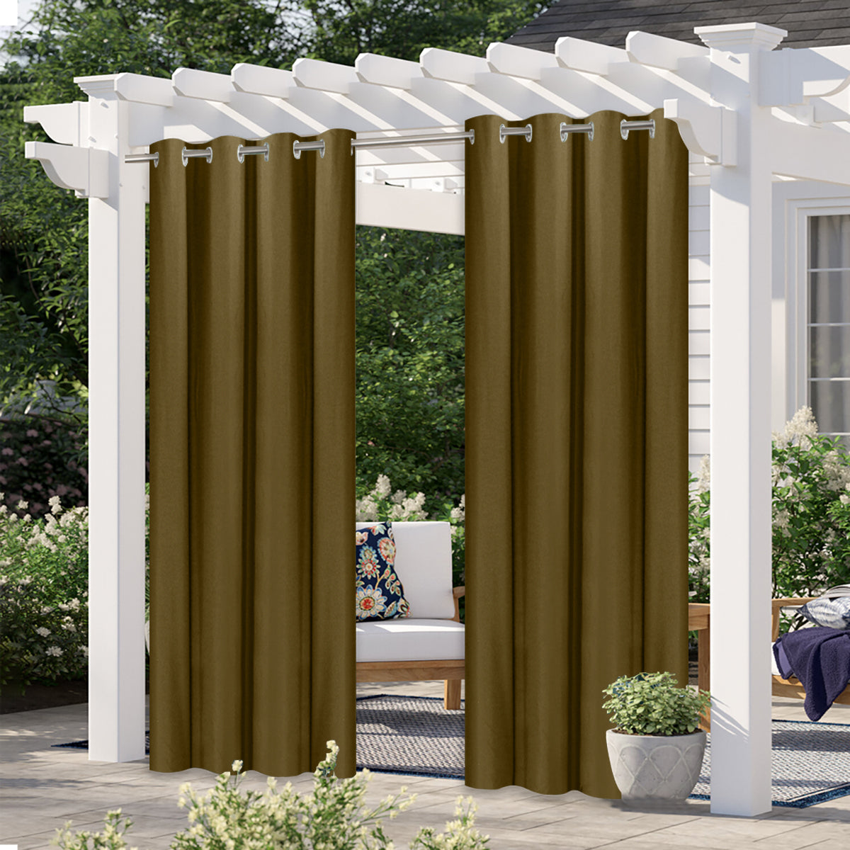 Blackout Indoor/Outdoor Curtains Linen Woven Grommet Curtain Panels, Brown