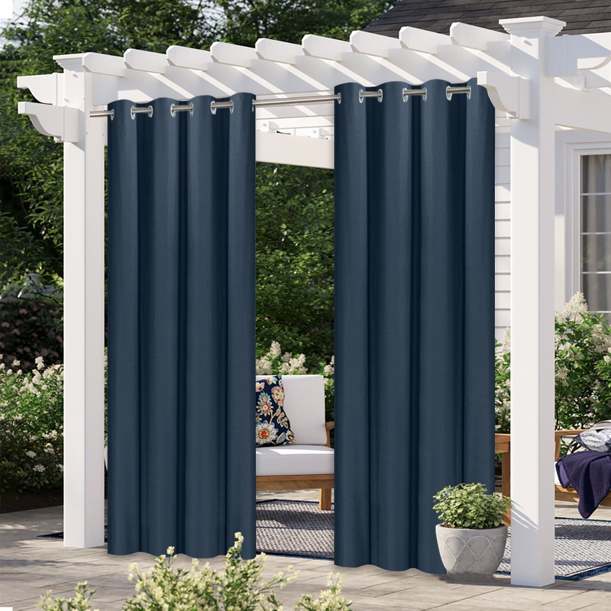 Blackout Indoor/Outdoor Curtains Linen Woven Grommet Curtain Panels, Navy
