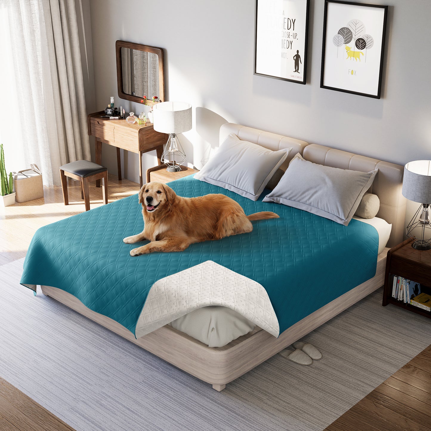 Waterproof Dog Bed Cover Pet Blanket with Anti-Slip Back for Furniture Bed Couch Sofa-Teal
