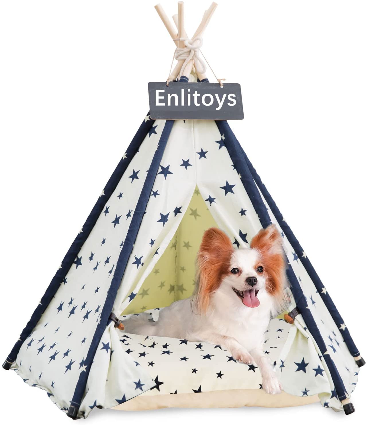 Pet Teepee with Cushion for Dogs and Cats Puppies House with Bed Pet Tent Bed Indoor Outdoor, Off White