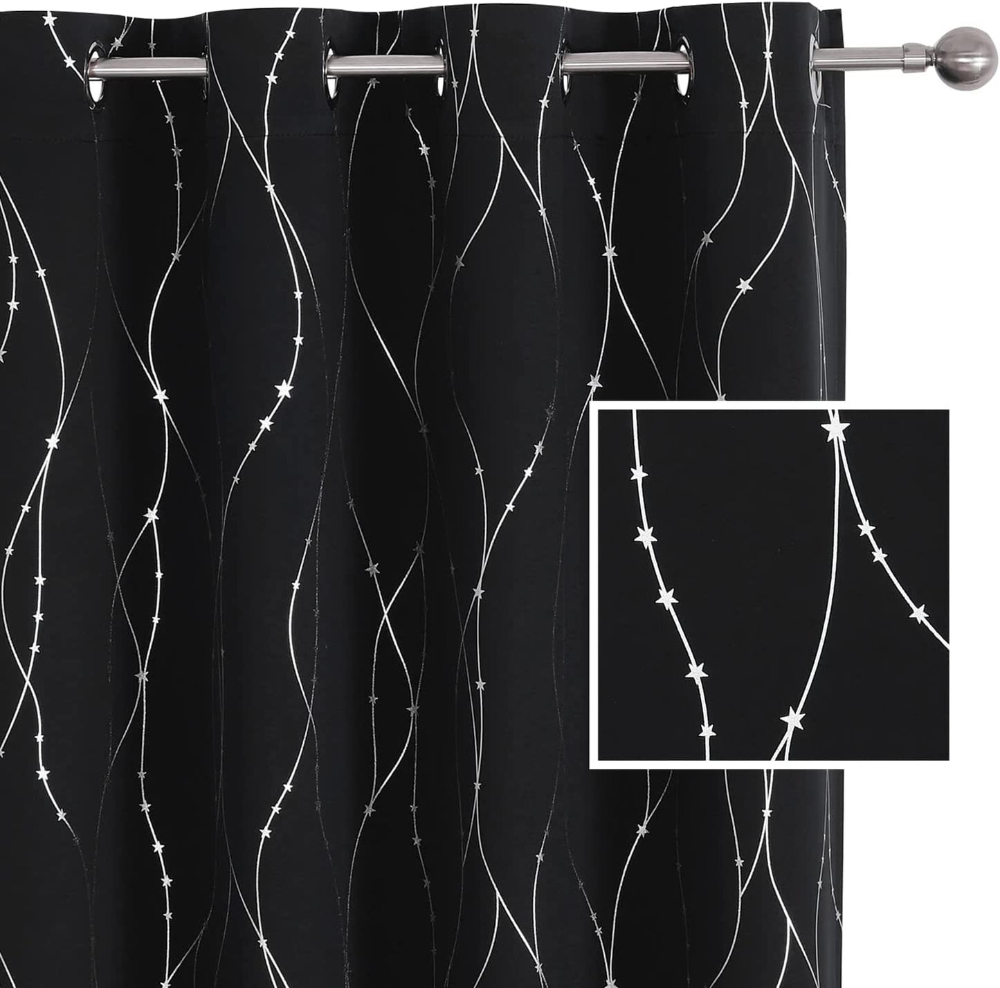Black Blockout Curtains Bedroom Silver Star Print Design Thermal Insulated Room Darkening Window Treatment Grommet Drapes for Living Room/Kids Game Room Set of 2 Panels