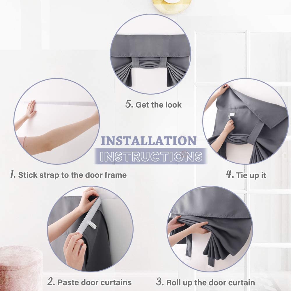 2x Blackout Door Curtain - Privacy Thermal Insulated Door Window Curtains for Patio French Door Front Door Sidelight Curtain Tie up Shade, Grey