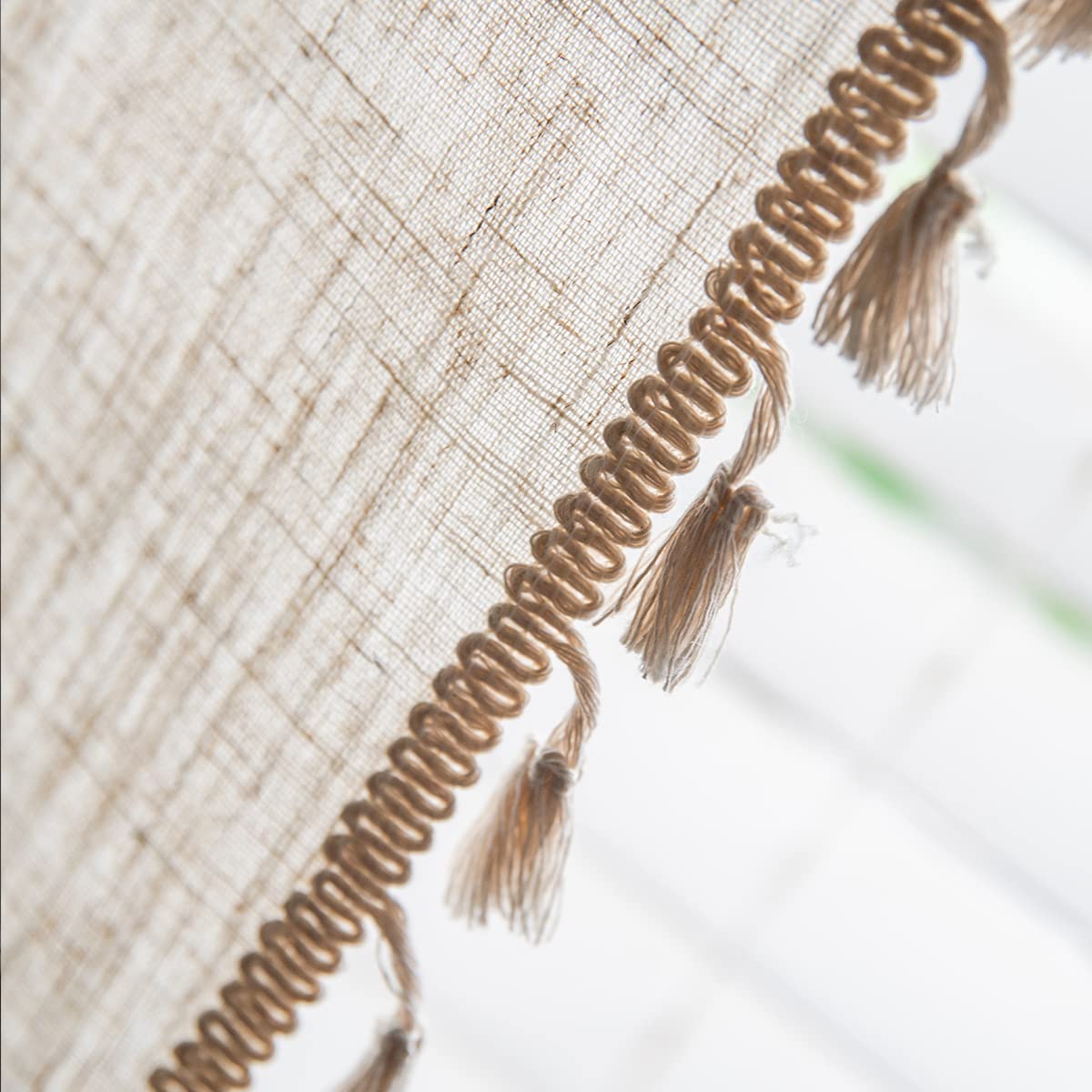 Boho Windows Sheer Curtains Crochet Vintage Cotton Tassel Window Curtains Panels for Bedroom Living Room (Linen Textured, Set of 2 Pieces)