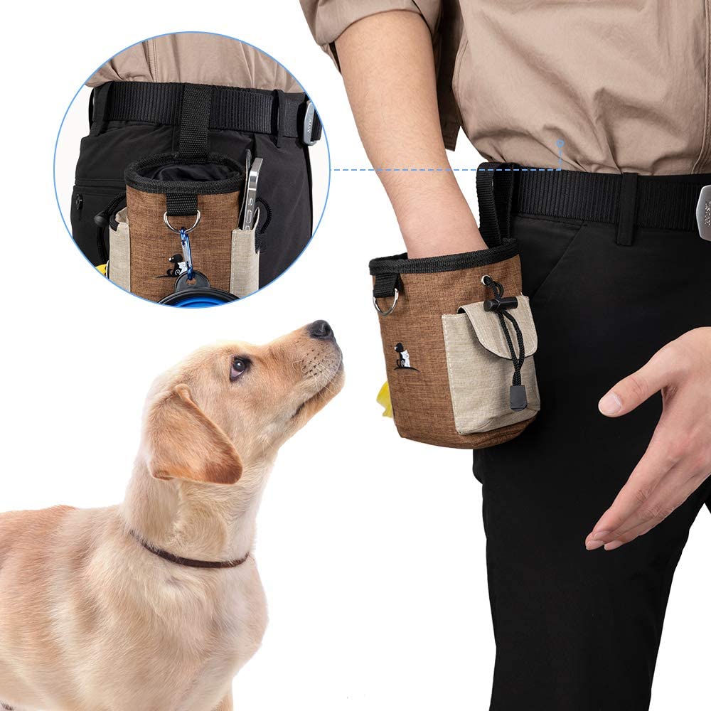 Dog Treat Pouch Dog Treat Bag with Dog Bowl for Training Small to Large Dogs Animal Walking Snack Container Easily Carries Pet Toys & Kibble (Brown)