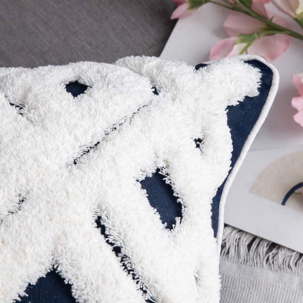 Decorative Throw Pillow Cover Tribal Boho Woven Tufted Lumbar Pillowcase Soft Cushion Set of 2 (Inserts + Pillow Covers,Navy)