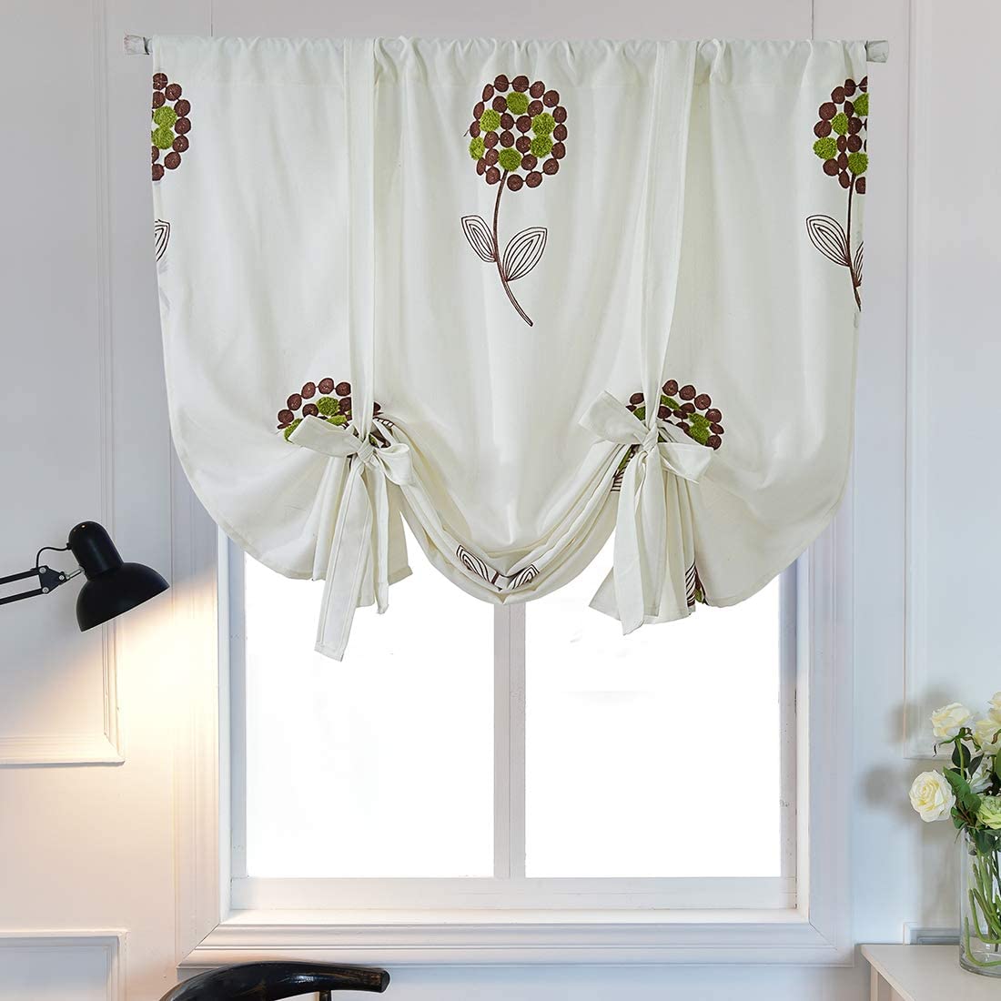 1x Floral Embroidered Farmhouse Tie Up Shade Curtain for Small Window Rod Pocket