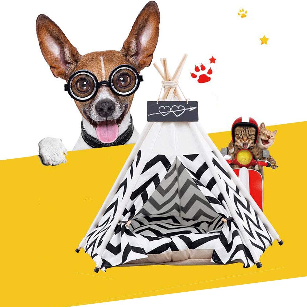 Pet Teepee with Cushion for Dogs and Cats Puppies House with Bed Pet Tent Bed Indoor Outdoor, Off White