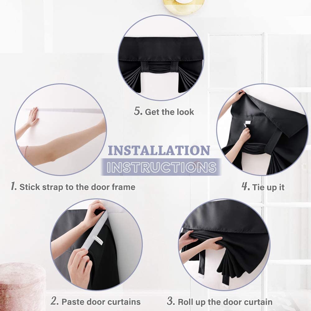 2x Blackout Door Curtain - Privacy Thermal Insulated Door Window Curtains for Patio French Door Front Door Sidelight Curtain Tie up Shade, Black