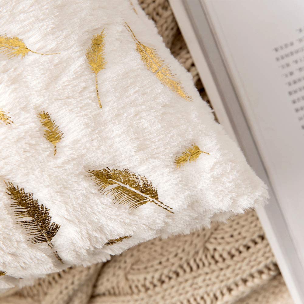 2x Square Throw Pillows Decorative Faux Fur Gold Feathers Gilding Leaves Cushion Cases Soft Fluffy(Inserts + Pillow Covers,White)