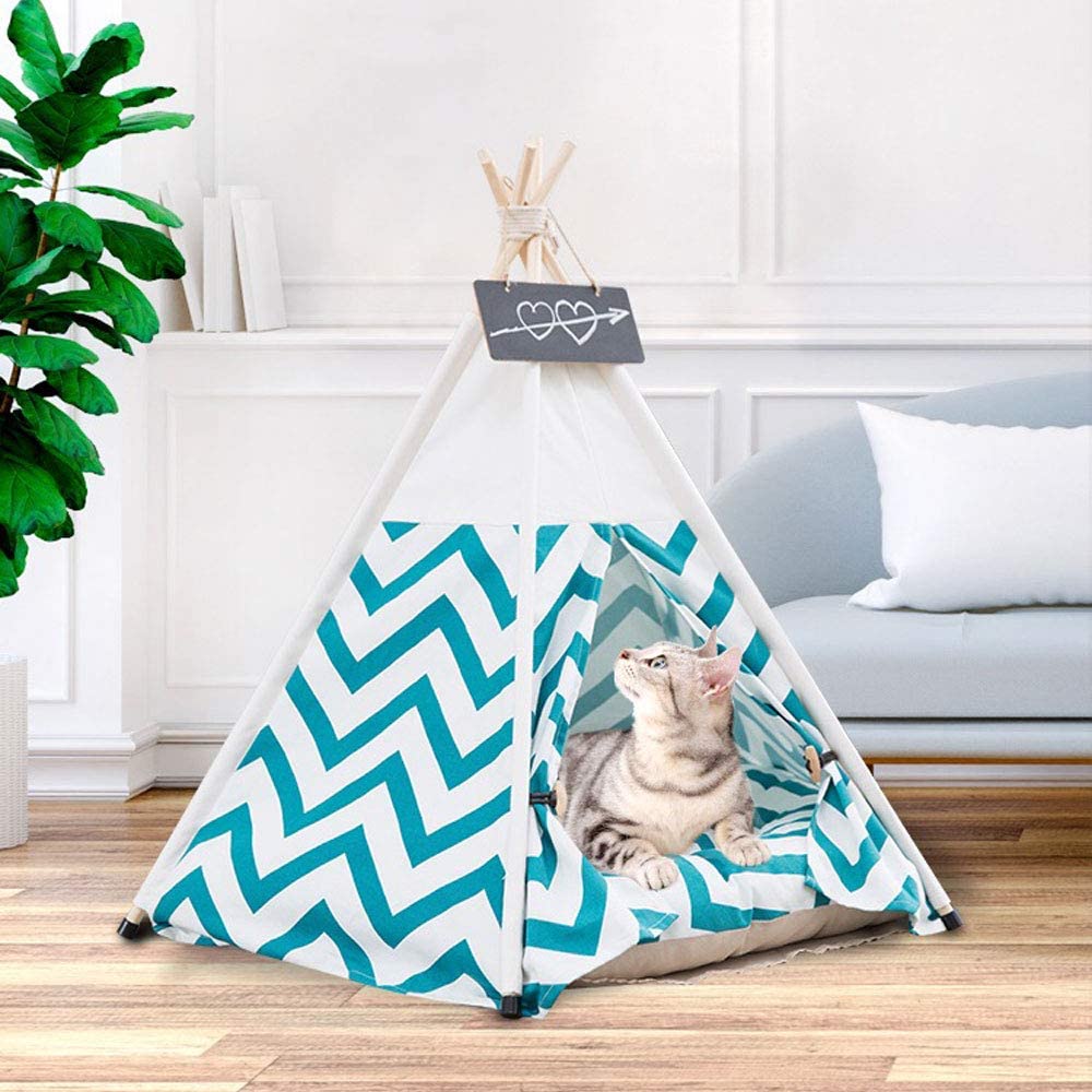 Pet Teepee with Cushion for Dogs and Cats Puppies House with Bed Pet Tent Bed Indoor Outdoor, Off White