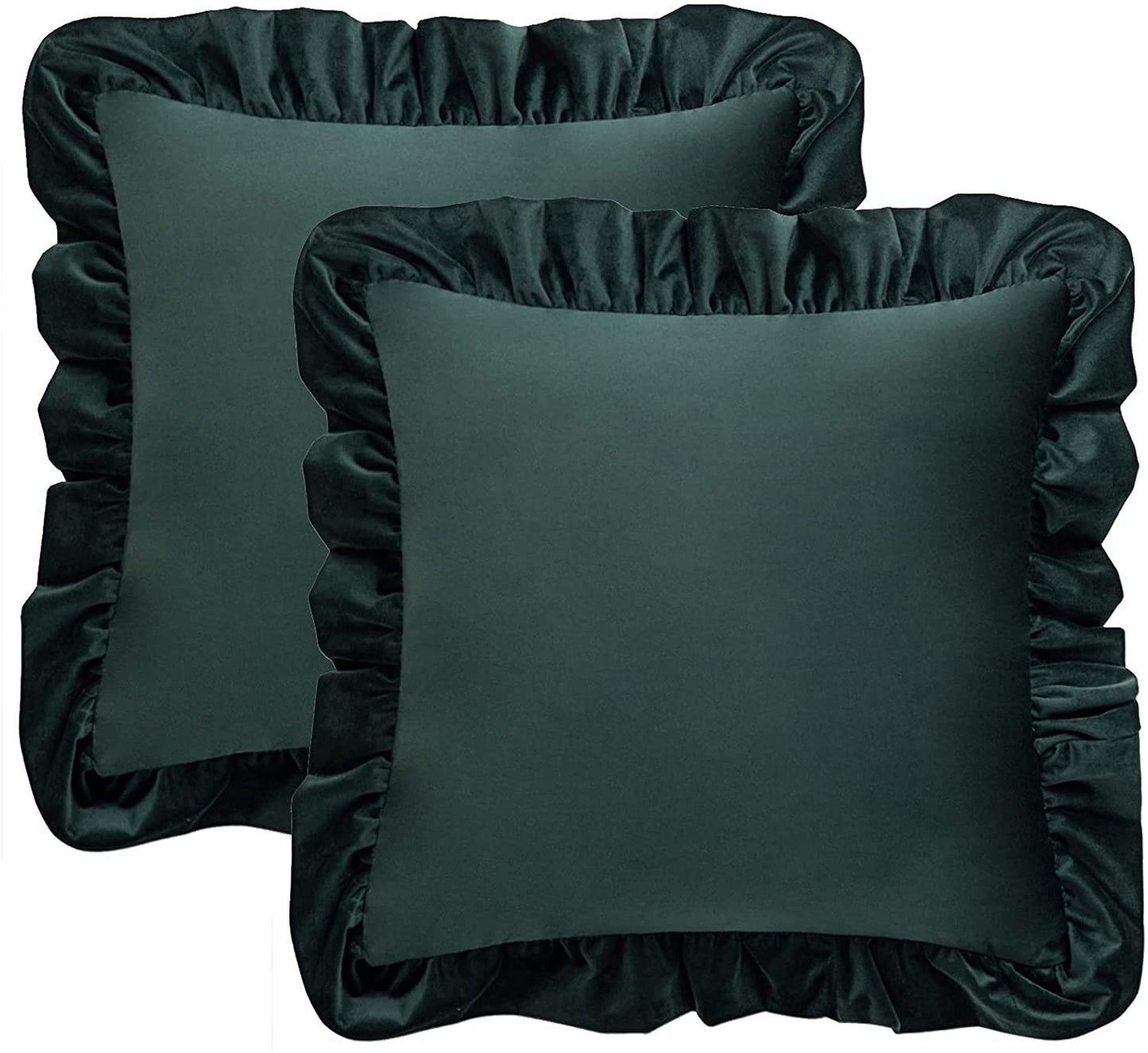 Pack of 2 Velvet Throw Pillow Covers with Ruffle, for Couch Sofa Living Room Decor(Inserts + Pillow Covers)- Dark Green