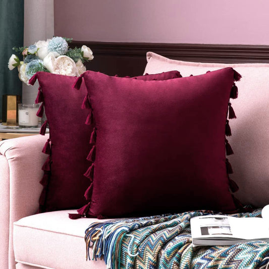 Pack of 2 Velvet Soft Solid Decorative Throw Pillows with Tassels Fringe Boho Accent Cushion for Couch Sofa Bed, Burgundy