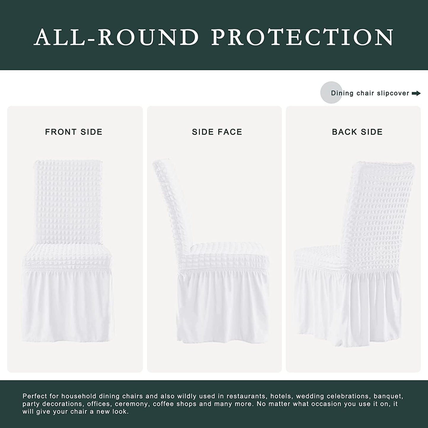 Stretchy Dining Room Chair Covers with Long Skirt, Suitable for families, parties, dirt resistant ,Set of 2/4/6/8 PCS,White