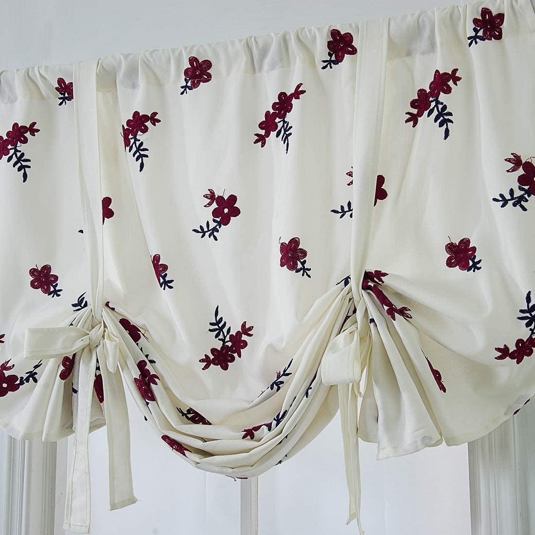 Embroidered Farmhouse Tie Up Shade Curtain for Small Window Rod Pocket 1 Piece, Red Floral