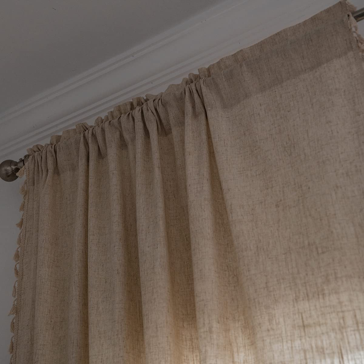 Boho Windows Sheer Curtains Crochet Vintage Cotton Tassel Window Curtains Panels for Bedroom Living Room (Linen Textured, Set of 2 Pieces)