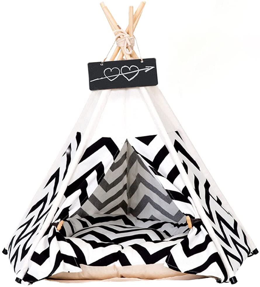 Pet Teepee with Cushion for Dogs and Cats Puppies House with Bed Pet Tent Bed Indoor Outdoor, Off White