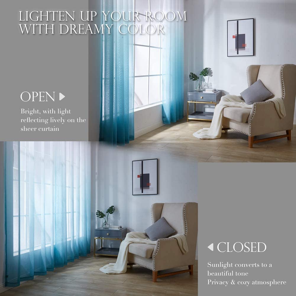2x Ombre Sheer Curtains Draperies Window Treatment, White and Turquoise