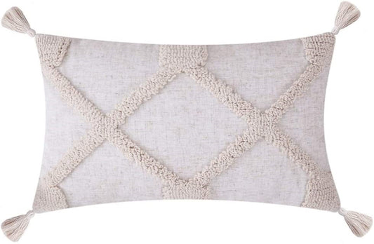 Tribal Boho Woven with Tassels Pillow Square Soft Couch Pillows Set of 2 (Inserts + Pillow Covers, Beige)