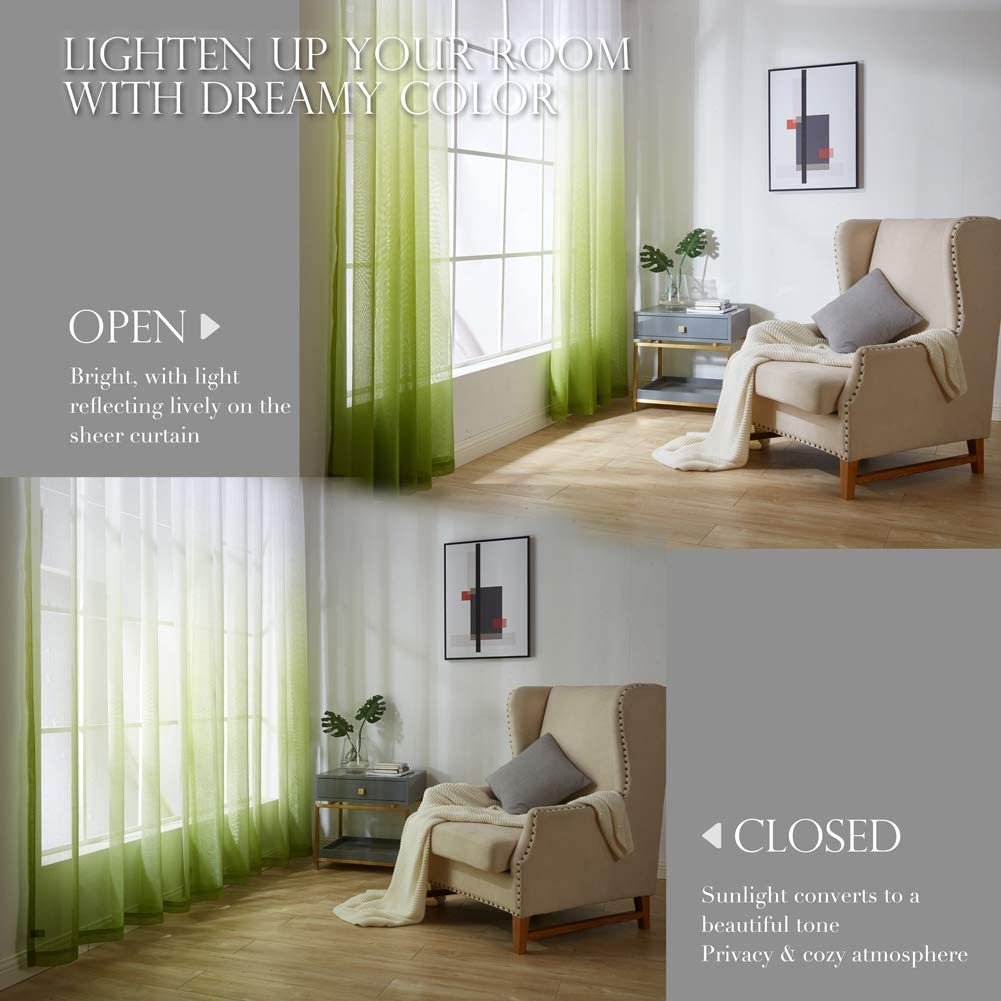 2x Ombre Sheer Curtains Draperies Window Treatment, White and Green