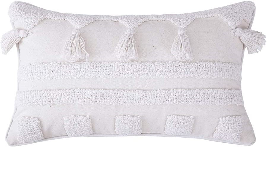 Tribal Boho Woven with Tassels Pillow Square Soft Couch Pillows Set of 2 (Inserts + Pillow Covers, White)