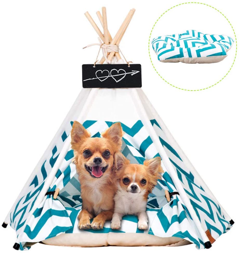 Pet Teepee with Cushion for Dogs and Cats Puppies House with Bed Pet Tent Bed Indoor Outdoor, Off White