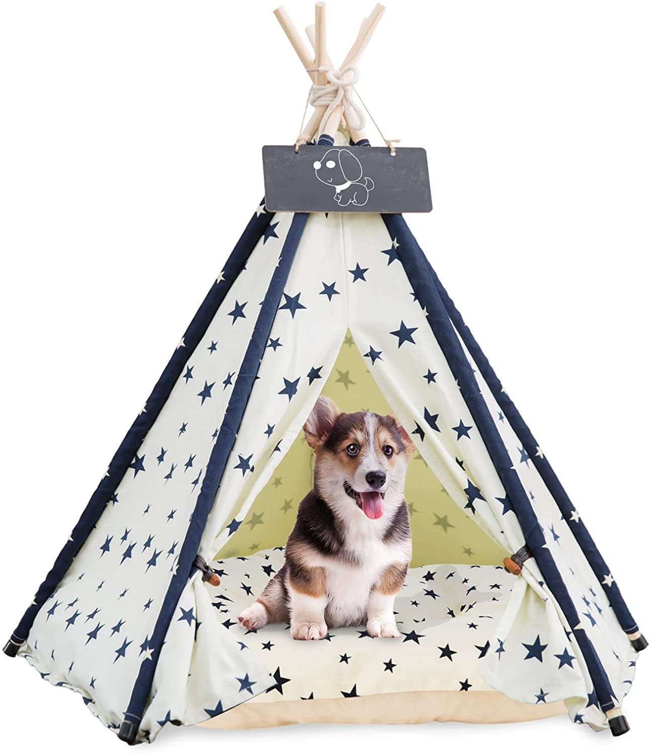 Pet Teepee with Cushion for Dogs and Cats Puppies House with Bed Pet Tent Bed Indoor Outdoor, Off White
