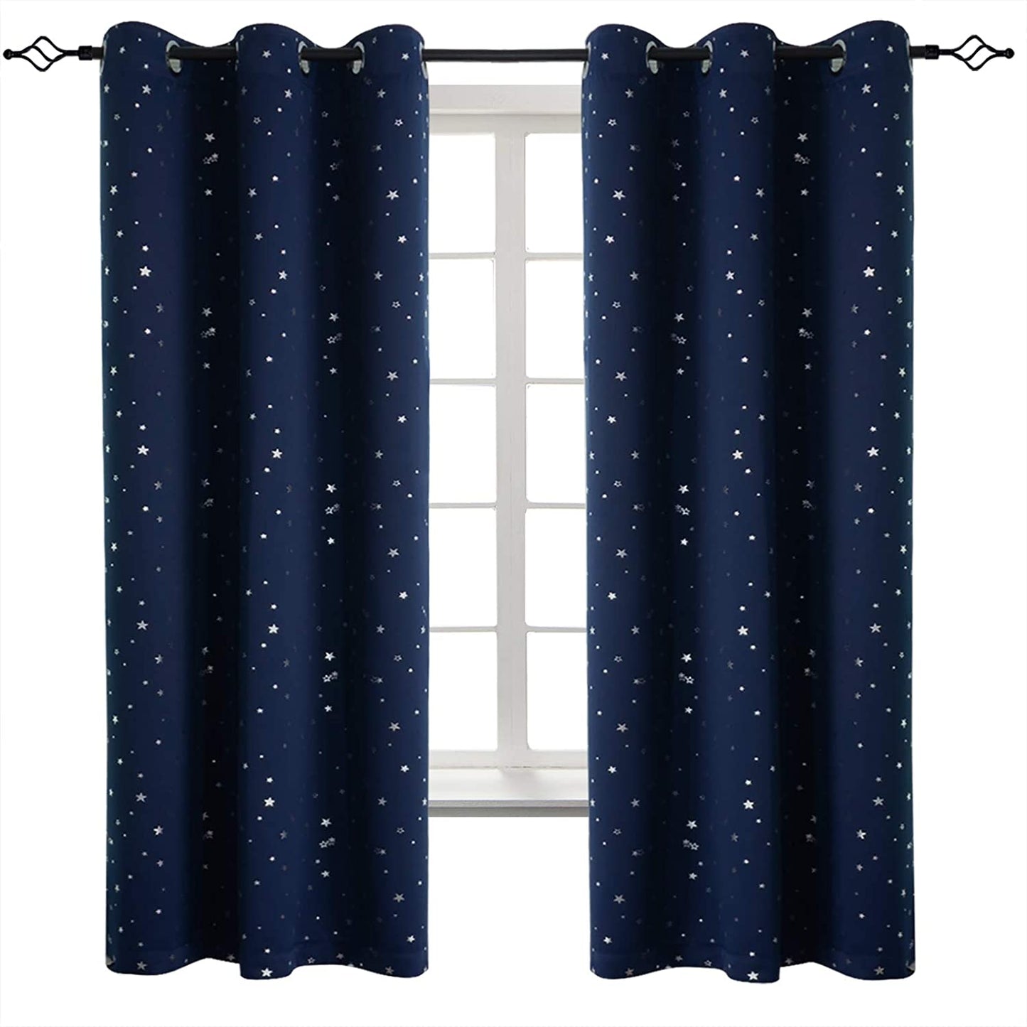 Navy Star Blackout Curtains for Kid's Bedroom - Eyelet Thermal Insulated Room Darkening Printed Curtains for Living Room, Set of 2
