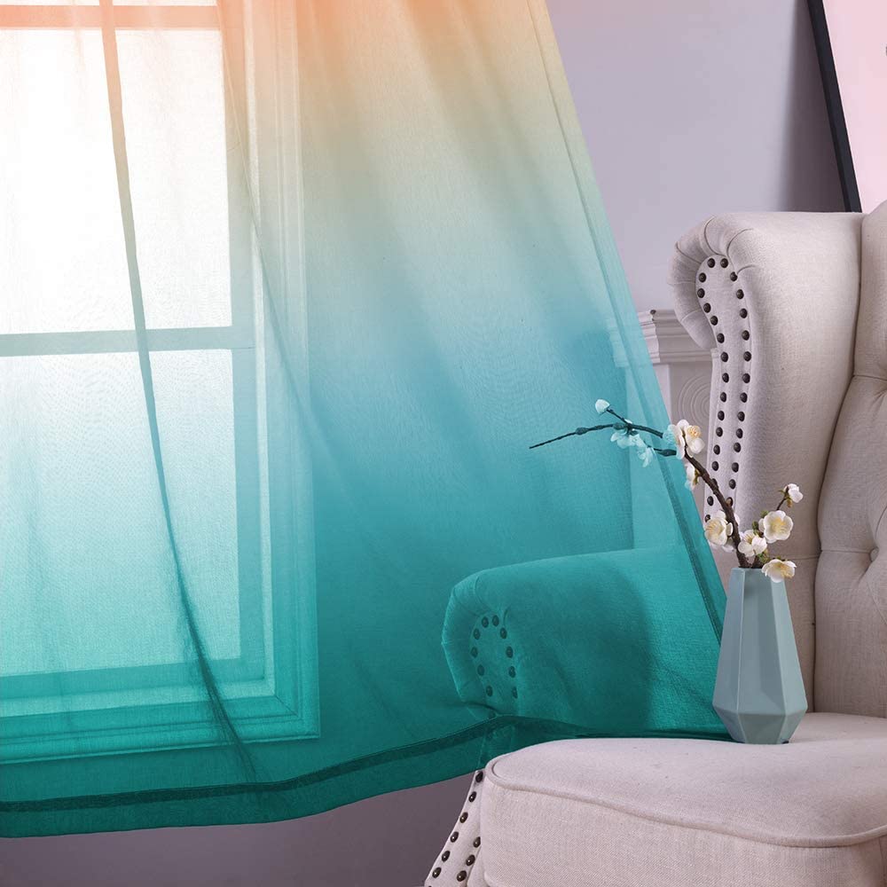 Ombre Sheer Curtains for Bedroom 2 Pieces Set Reversible Lemon Orange and Green