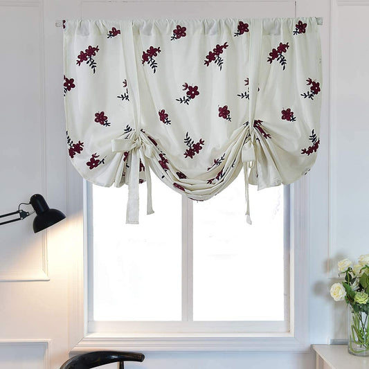 Embroidered Farmhouse Tie Up Shade Curtain for Small Window Rod Pocket 1 Piece, Red Floral