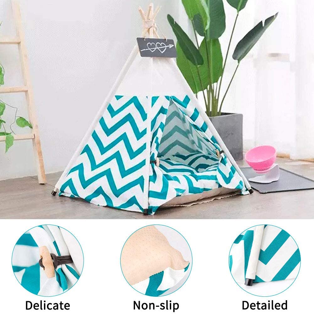 Pet Teepee with Cushion for Dogs and Cats Puppies House with Bed Pet Tent Bed Indoor Outdoor, Off White