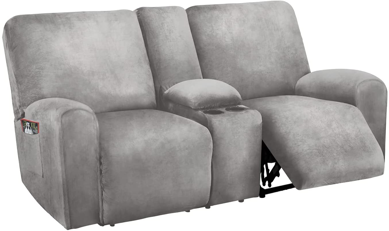 2 Seater with Middle Console Slipcover, Velvet Stretch Loveseat Reclining Sofa Covers, Thick, Soft, Washable, Light Grey
