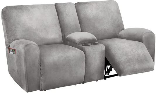 2 Seater with Middle Console Slipcover, Velvet Stretch Loveseat Reclining Sofa Covers, Thick, Soft, Washable, Light Grey