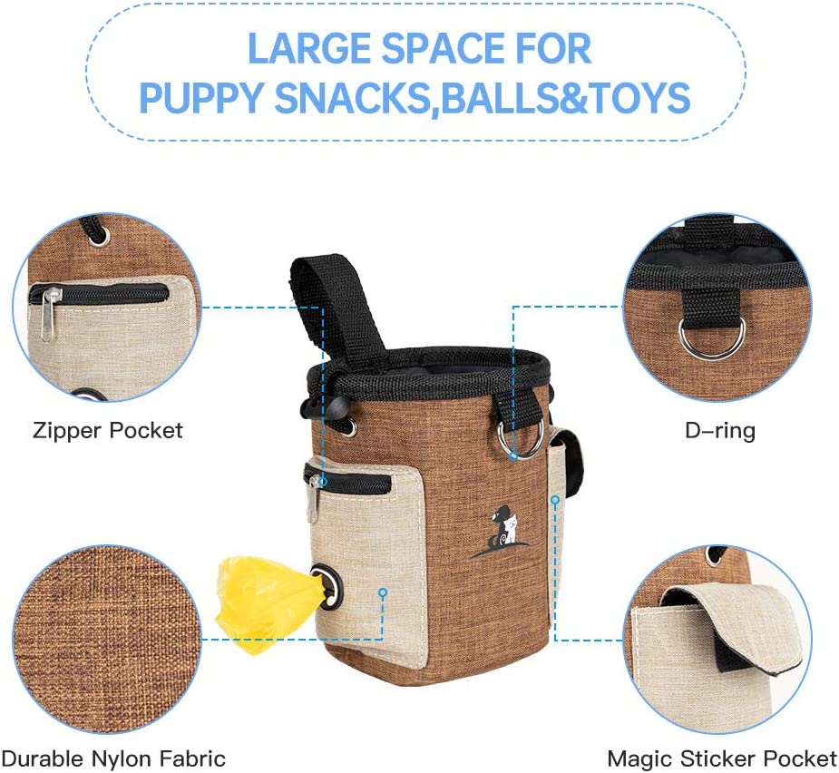 Dog Treat Pouch Dog Treat Bag with Dog Bowl for Training Small to Large Dogs Animal Walking Snack Container Easily Carries Pet Toys & Kibble (Brown)