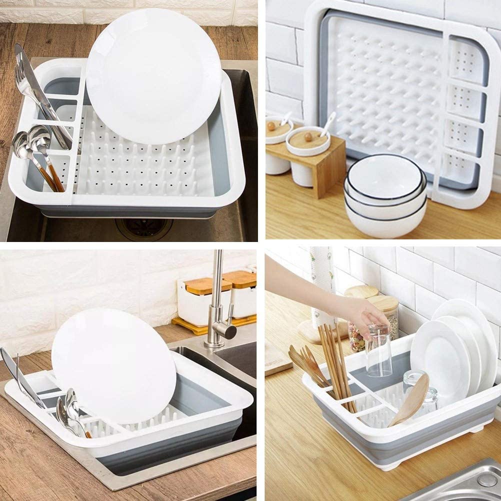 Collapsible Dish Drying Rack Portable Dish Drainer Dinnerware Organizer Kitchen RV Campers Storage, Grey