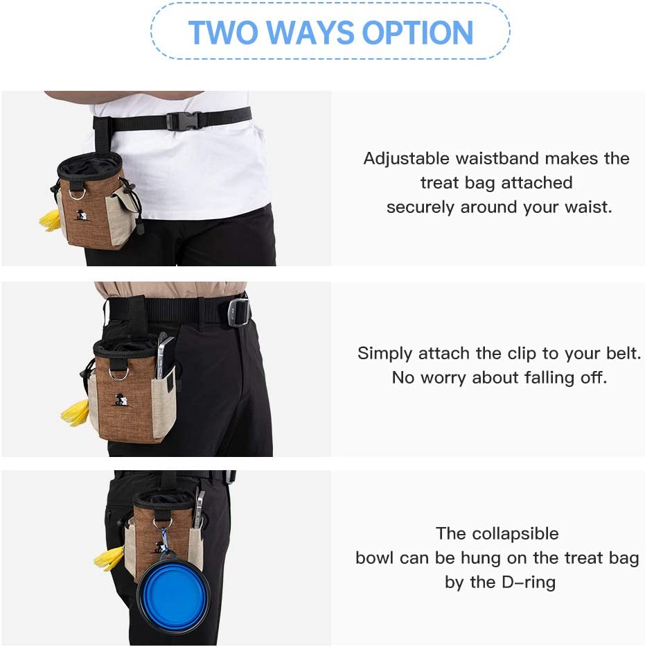 Dog Treat Pouch Dog Treat Bag with Dog Bowl for Training Small to Large Dogs Animal Walking Snack Container Easily Carries Pet Toys & Kibble (Brown)