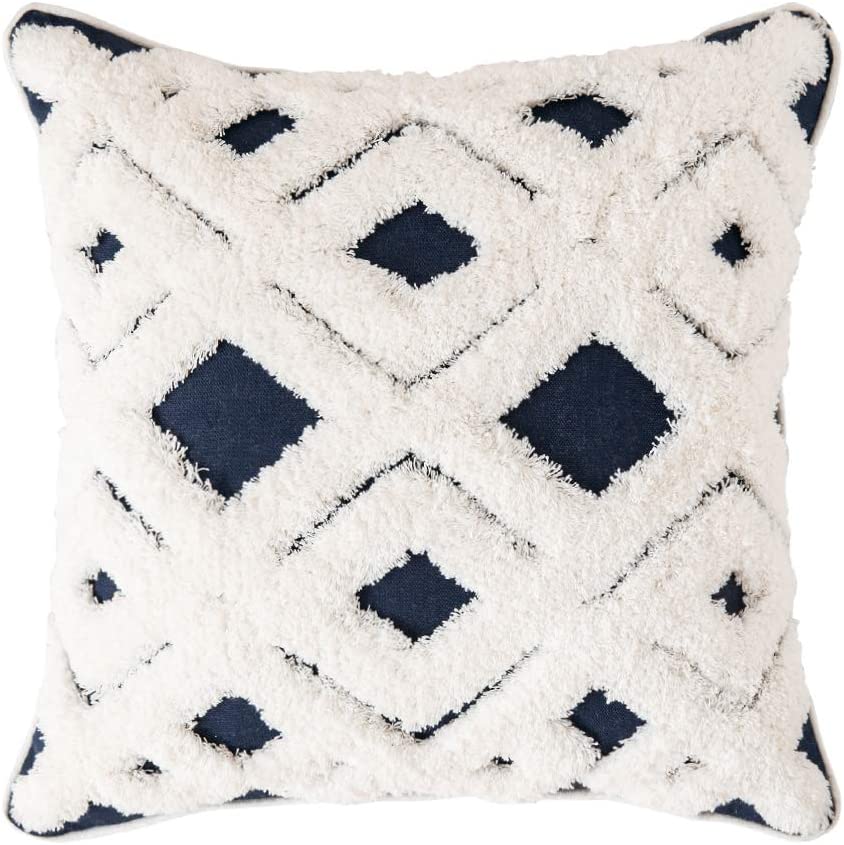 Decorative Throw Pillow Cover Tribal Boho Woven Tufted Lumbar Pillowcase Soft Cushion Set of 2 (Inserts + Pillow Covers,Navy)