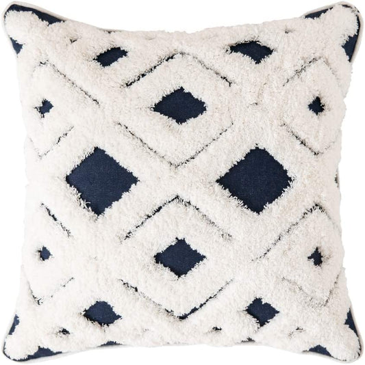 Decorative Throw Pillow Cover Tribal Boho Woven Tufted Lumbar Pillowcase Soft Cushion Set of 2 (Inserts + Pillow Covers,Navy)
