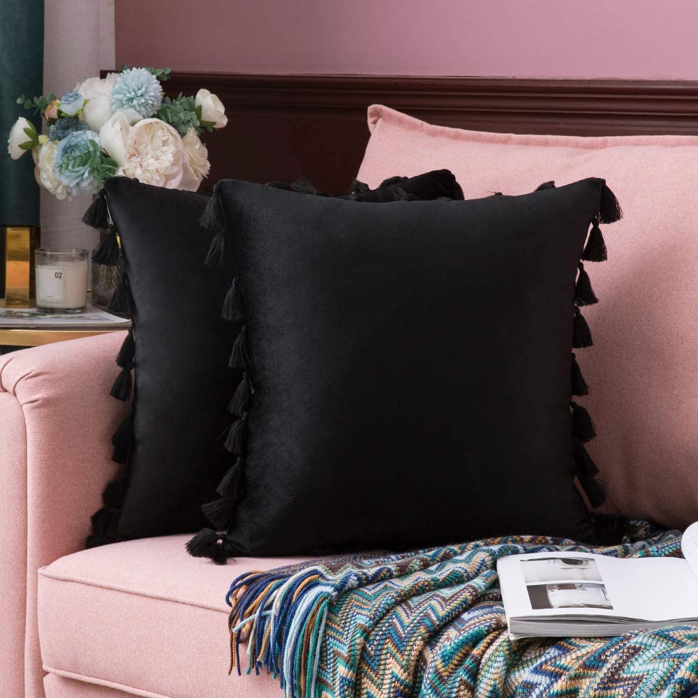 Pack of 2 Velvet Soft Solid Decorative Throw Pillows with Tassels Fringe Boho Accent Cushion for Couch Sofa Bed, Black